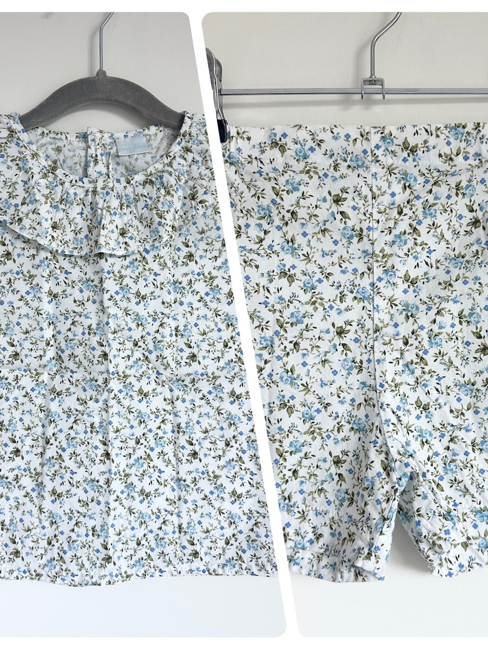 EDGEHILL COLLECTION White Blue Floral Ruffle Neck Set Size 5 (Top) 4 (Shorts)